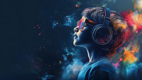 Headphoned dreamer cruising neon cosmos of sound and color.