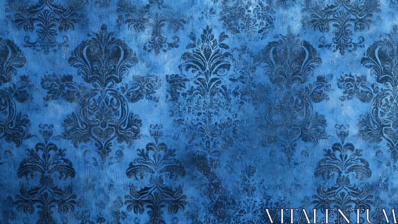 Ornamental damask pattern on textured blue surface background.