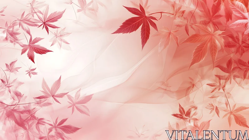 Gentle red maple leaves drifting across a rosy sky.