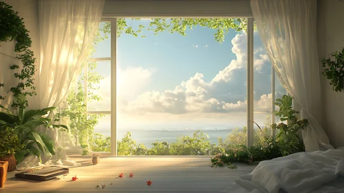 Sunlit bedroom interior opens onto ocean horizon view