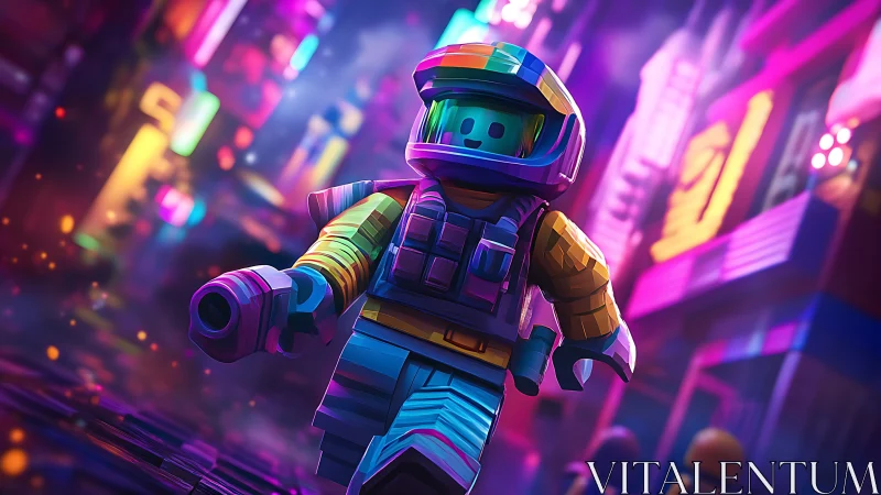 Colorful brick astronaut strolling through neon city streets.