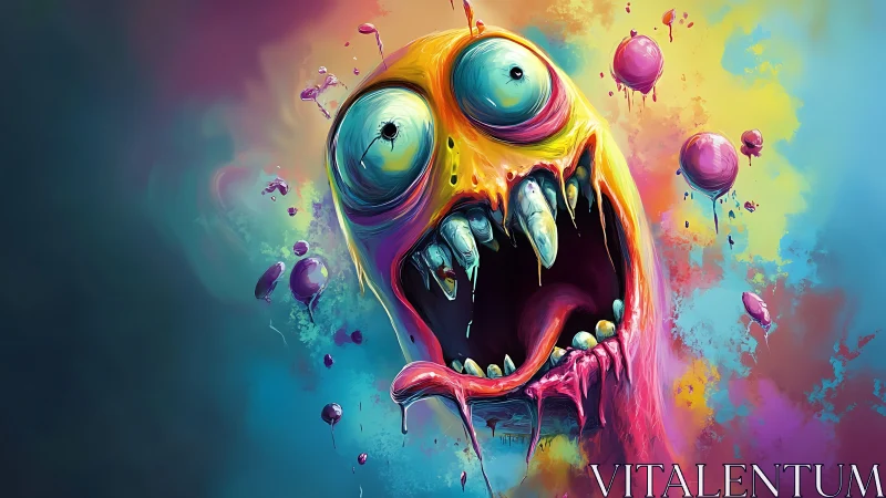 Grotesque screaming head floats amid dripping neon paint