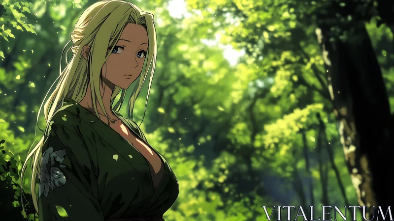 Blonde woman in green robe standing in dense summer forest.