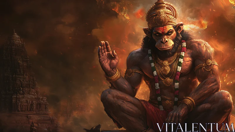Mythic Hanuman warrior in dramatic digital painting composition.