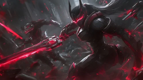 Armored cybernetic warrior with red energy blade in combat.