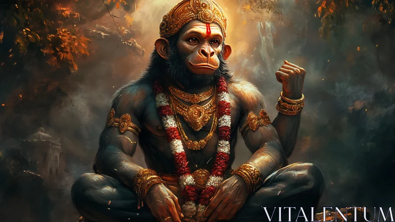 Divine monkey warrior in ornate golden regalia meditation.