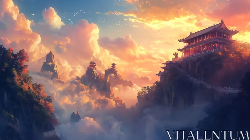 Sunset temple crowns misty mountains in dreamlike serenity