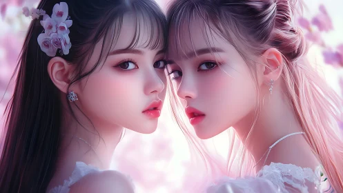 Dual portrait of stylized girls in soft-focus chromatic bloom.