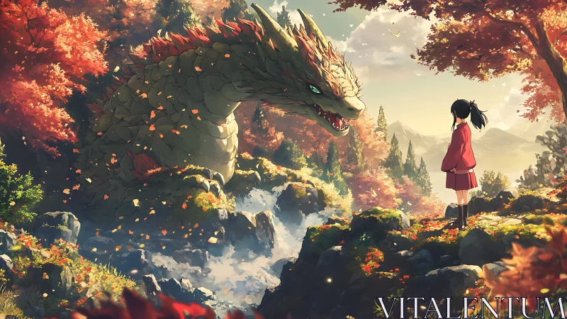 Autumn valley encounter between girl and forest dragon.