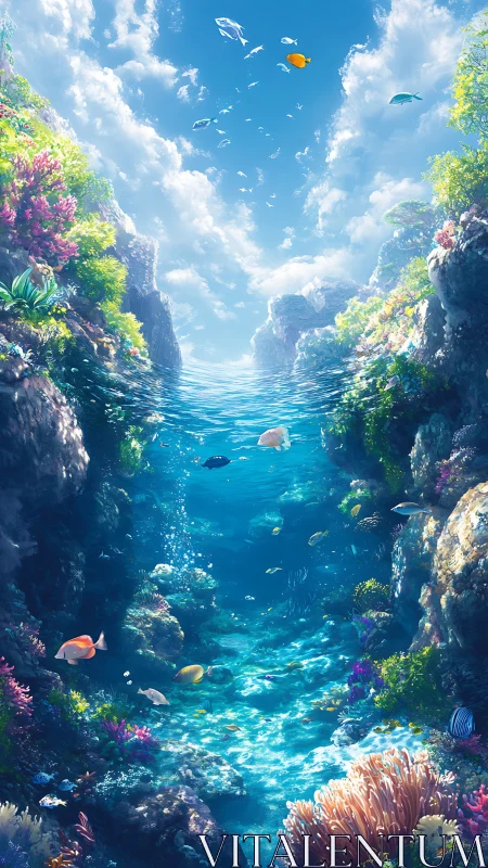 Sunlit coral canyon reveals a tranquil undersea world.