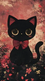 Black cartoon cat with red bow on textured floral backdrop.
