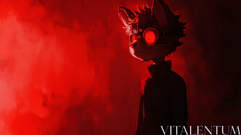 Backlit feline cyborg silhouette in saturated red field.