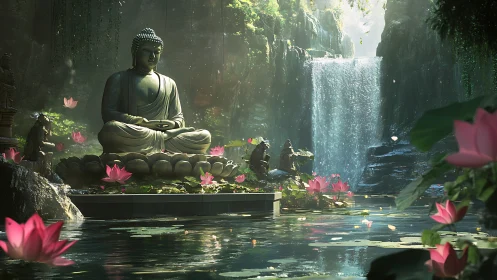 Buddha stone monument in volumetric-lit waterfall grotto.