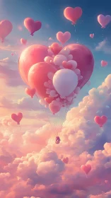 Pink heart-shaped balloons float through dreamy clouds at sunset