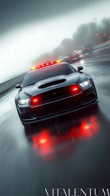 Rain-slick highway crowns a cyber pursuit car in neon glare