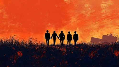 Silhouetted friends stand united beneath a blazing sunset sky