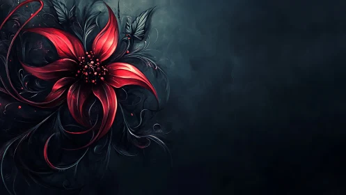 Crimson abstract flower unfurls against a deep shadowed void