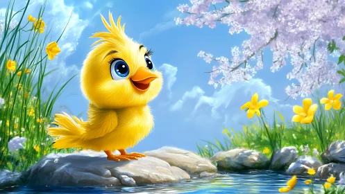Sunny little chick by a sparkling springtime stream.