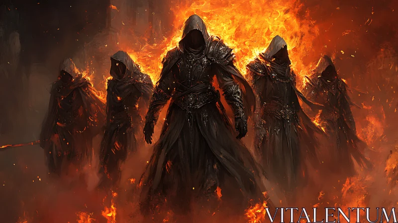 Hooded fireborn warlocks stride through a blazing inferno.