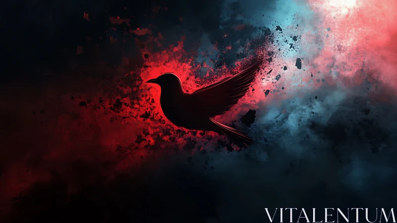 Silhouette songbird in red-blue particulate nebula field