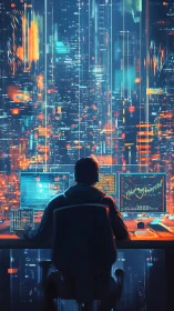 Data analyst monitors neon cybercity dashboards in high contrast