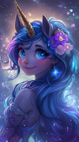 Blue haired unicorn girl in glowing fantasy portrait.