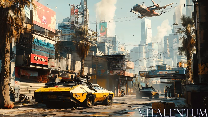 Armored patrol rolls through a neon-soaked cyberpunk avenue