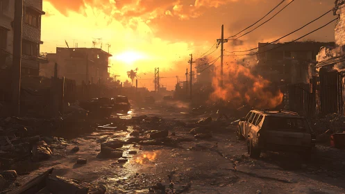 Sunset glows over a war-torn urban street in ruins.
