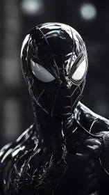 Black glossy spider-themed superhero suit in close focus.