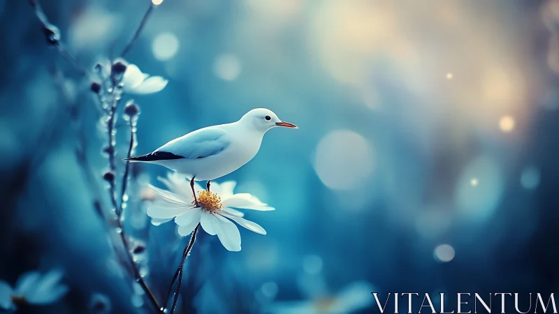 Avian micro-perch on bloom within defocused bokeh field.