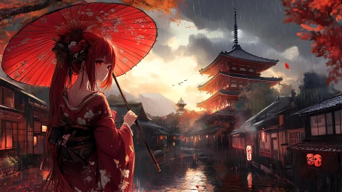 Red umbrella girl in rainy Japanese temple street scene.
