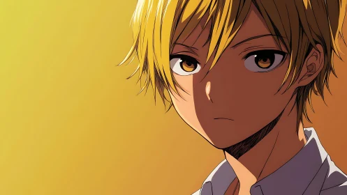 Quiet golden-haired anime boy in gentle evening light.