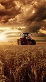 Red tractor cuts wheat beneath stormlit golden sky.