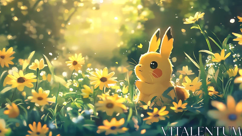 Pikachu resting in golden wildflower meadow at sunrise.