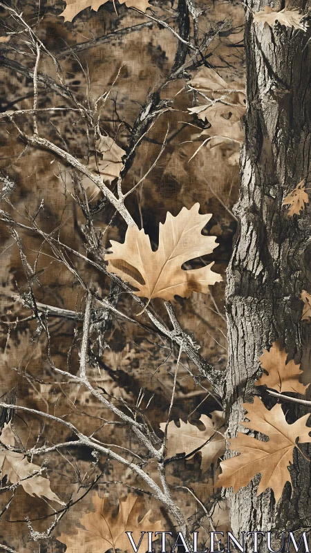 Autumn oak leaves weave through bark and branches in hush.