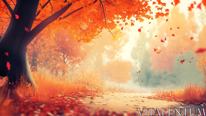 Golden autumn path glows softly beneath drifting leaves