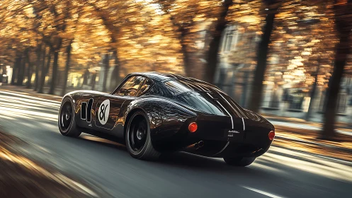 Sleek black race car speeds through sunlit autumn avenue.