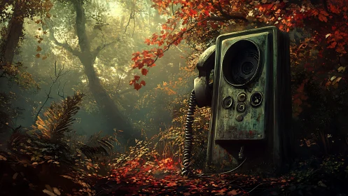 Analog forest intercom monolith contrasts with autumn canopy