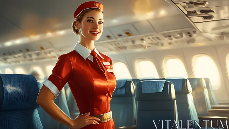 Flight attendant in vivid red uniform aboard airliner cabin.
