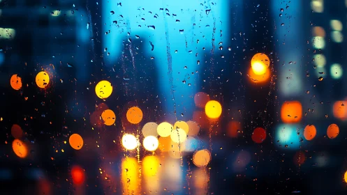 Rainy window with blurred city lights at blue dusk.