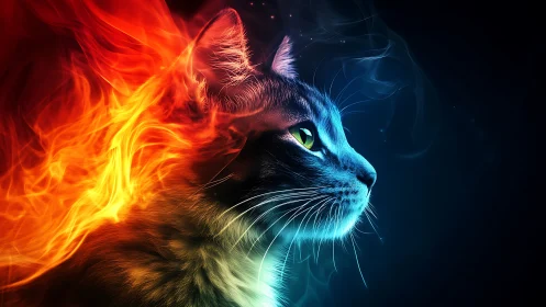 Feline Head with Contrasting Thermal Energy Visualization.