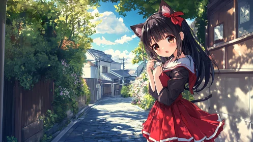 Cat-eared schoolgirl wandering a sunlit anime side street.