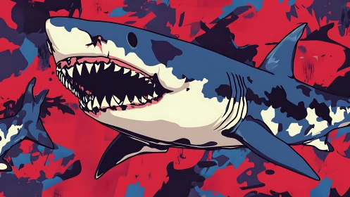 Stylized shark illustration on abstract red backdrop.