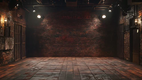 Industrial brick warehouse interior under theatrical spotlights.