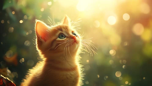 Orange kitten gazing upward in warm, bokeh-filled light.