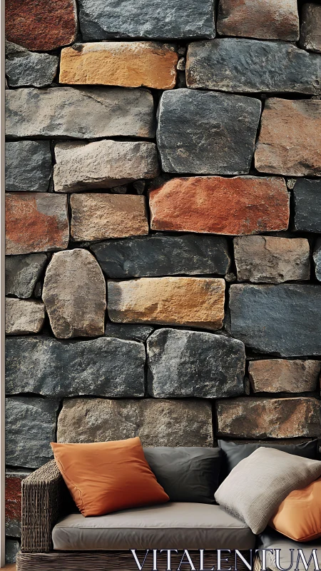 Cozy stone wall nook with sunlit cushions and woven sofa.