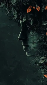 Botanical profile silhouette entwined with dark foliage forms.