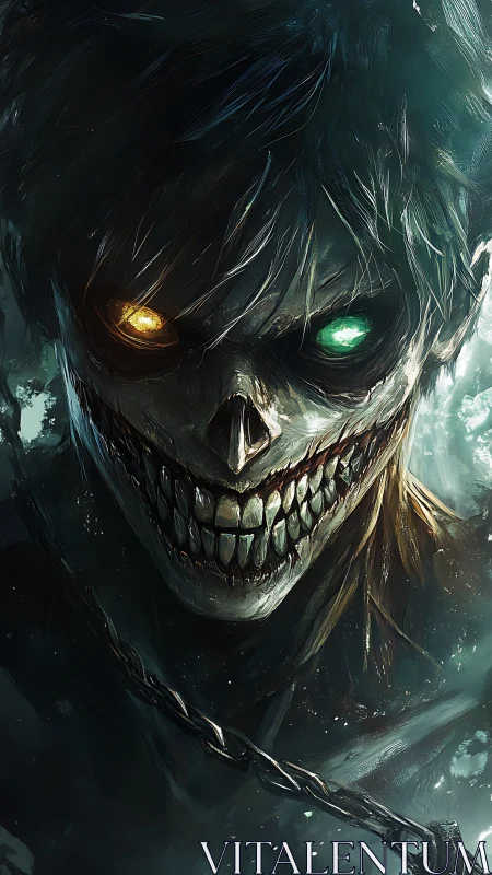 Skull-faced humanoid portrait with dual-colored glowing eyes.