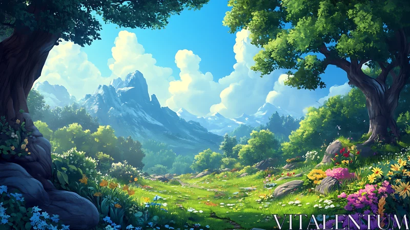 Sunny mountain meadow path framed by blooming forest trees.