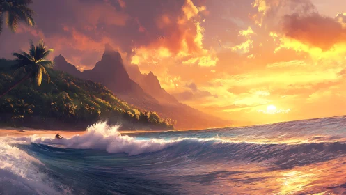 Luminous tropical surfscape with volcanic ridge at sunset.
